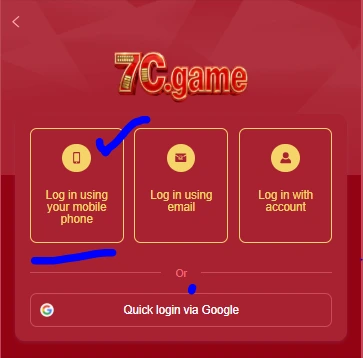7c game login - screen showing login methods